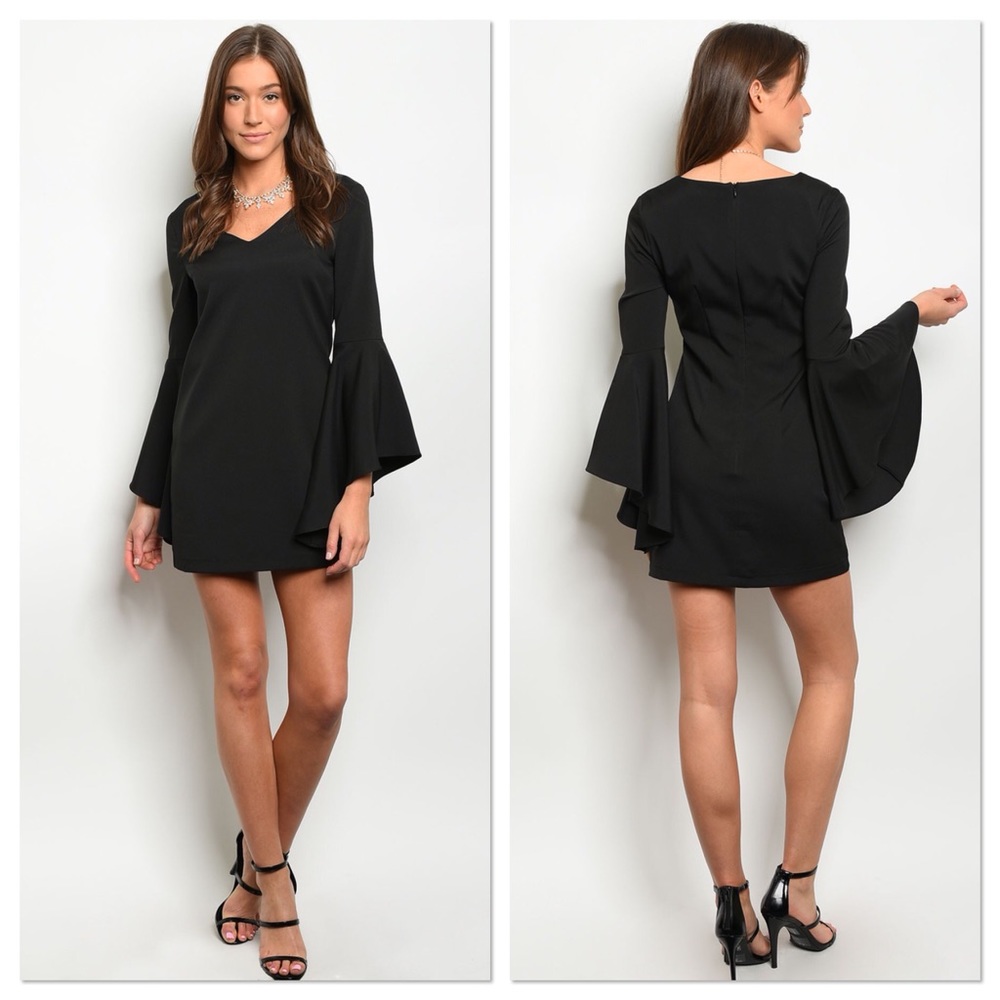 Sexy Black Bell Sleeve Shift Dress - Picture 2 of 4